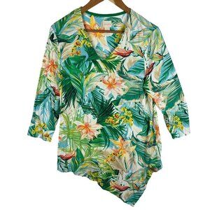 Chicos Women's 3/4 sleeve Tropical Top Size 2 L 12 Vacation Hawaii Rayon/Spandex